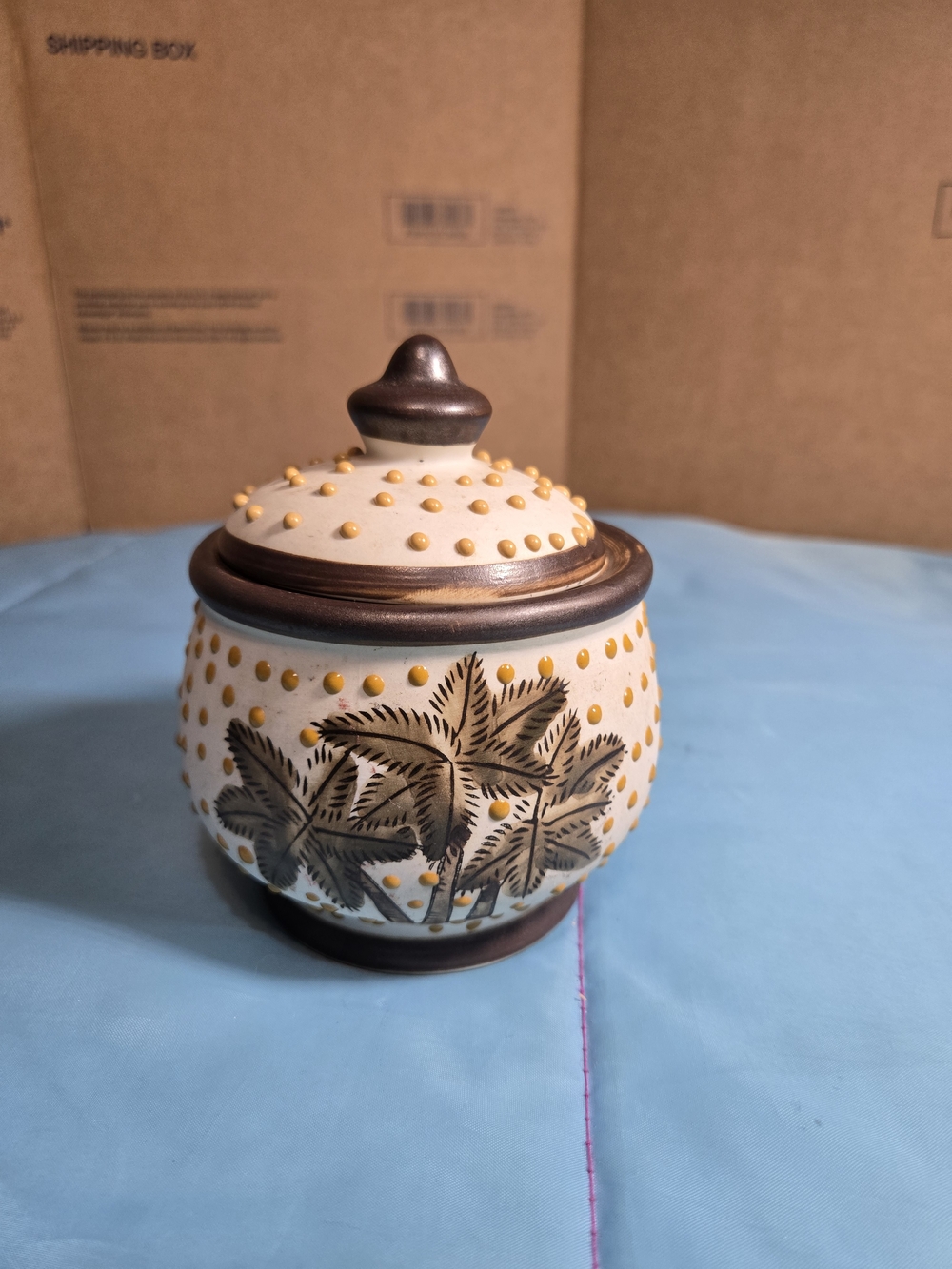 Ceramic Palm Leaf Decorative Jar with Lid - White and Brown